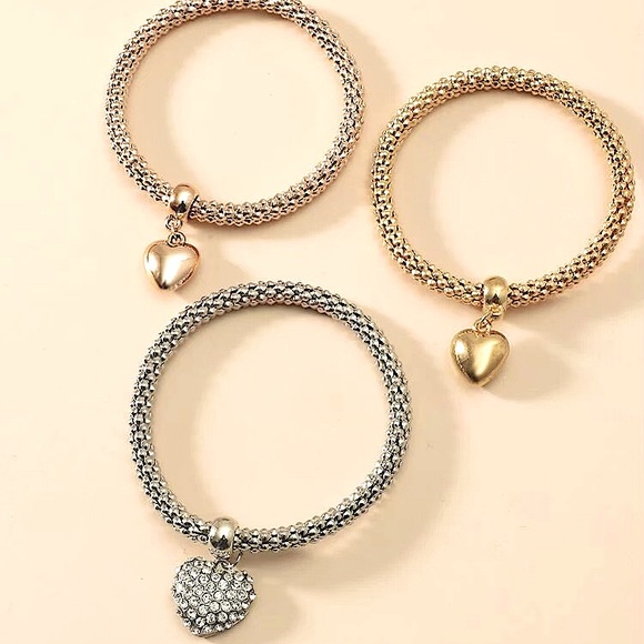NEW 3PCS SET Glamorous Rhinestone Heart Bracelet Bangles - Picture 2 of 2